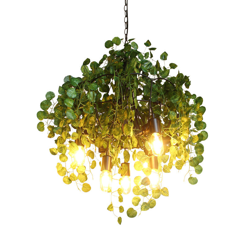 Green Loft Iron 6-Head Exposed Bulb Chandelier with Plant Decor for Restaurant Ceiling Pendant