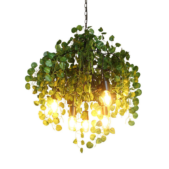 Green Iron Exposed Bulb Chandelier - 6 Heads Pendant With Plant Décor Ceiling Lighting For