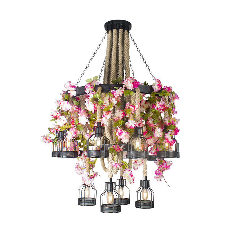 Vintage Floral Drop Pendant Chandelier with Black Wire Cage and 6/12 Heads