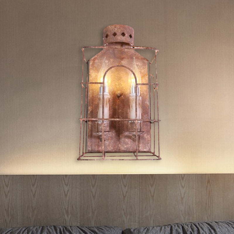 Vintage Metal Wire Cage Wall Sconce Light With 2-Lights For Hallway Corridor In Rustic Finish