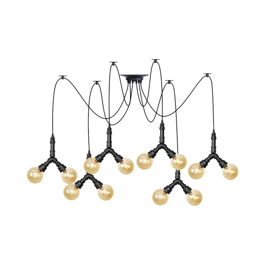 Industrial Swag Pendant Light - Amber Glass Globe, Multiple Ceiling Lights, LED, Black Finish - Perfect for Restaurants!