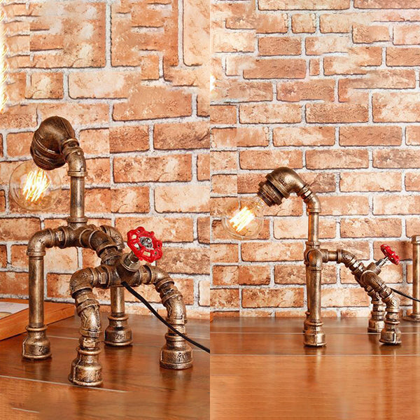 Industrial Black/Bronze Wrought Iron Dog Table Lamp - 1-Light Water Pipe Design For Restaurants