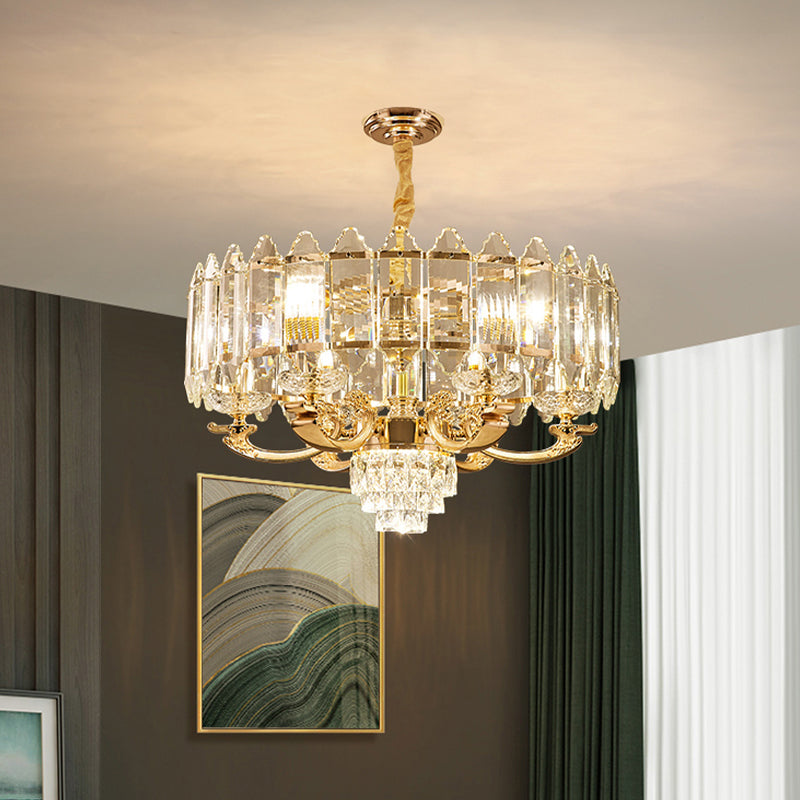Contemporary 10-Light Gold Panel Pendant Chandelier With K9 Crystal - Living Room Lighting Fixture
