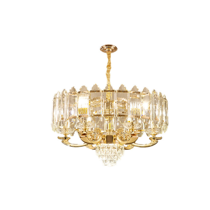 Contemporary 10-Light Gold Panel Pendant Chandelier With K9 Crystal - Living Room Lighting Fixture