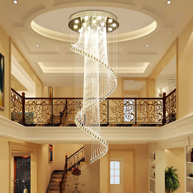 Spiral Waterfall Stairway Crystal Ball Suspension Lamp - Contemporary Design, 5-Bulb Clear Crystals