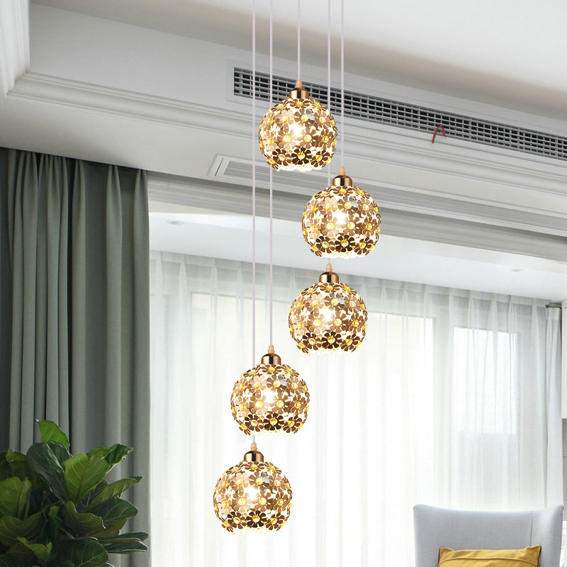 Modernist Silver Ceiling Light With Amber Crystal Accent 5/8 Heads Multi Hanging Lamp Kit