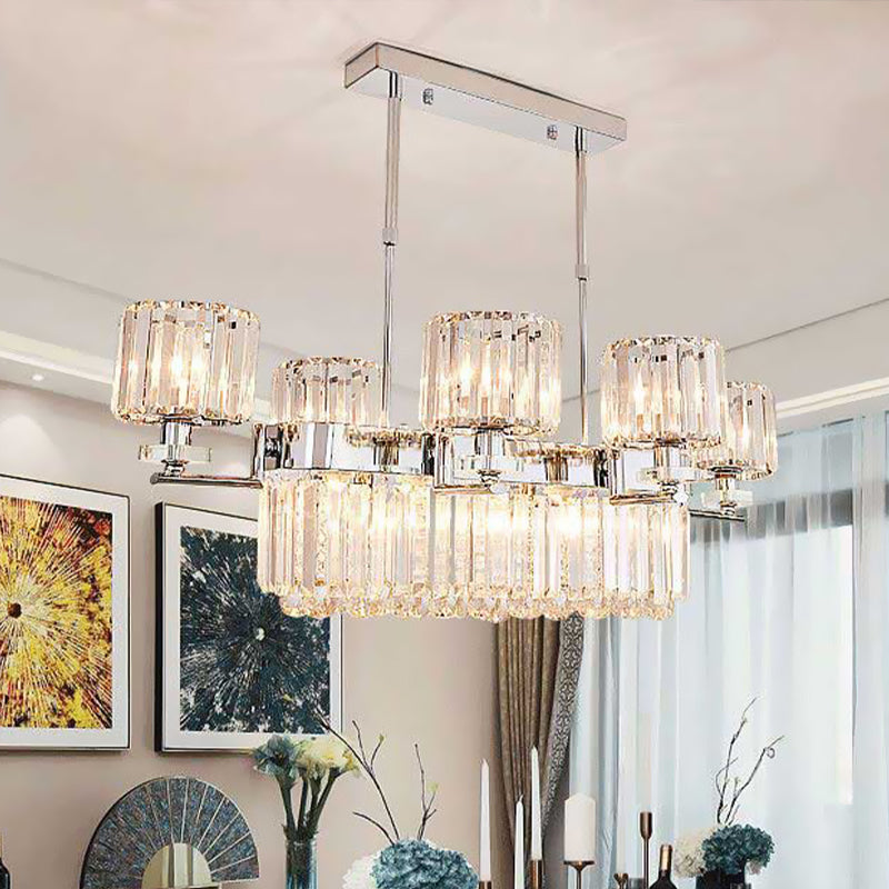 Modern Crystal Island Light: Chrome Rectangle Pendant Fixture With 6 Lights For Dining Room Ceilings
