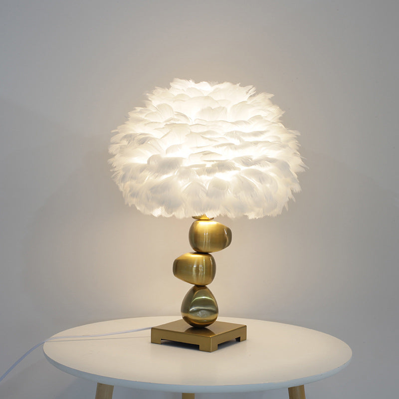 Mid-Century Metal Cobby Table Lamp With Soft White Feather Shade For Bedroom