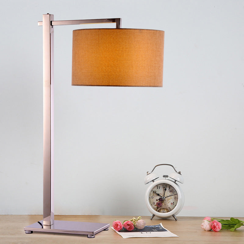 Modern Fabric Short Cylinder Night Lamp With Brown Table Lighting And Tall Steel Stand