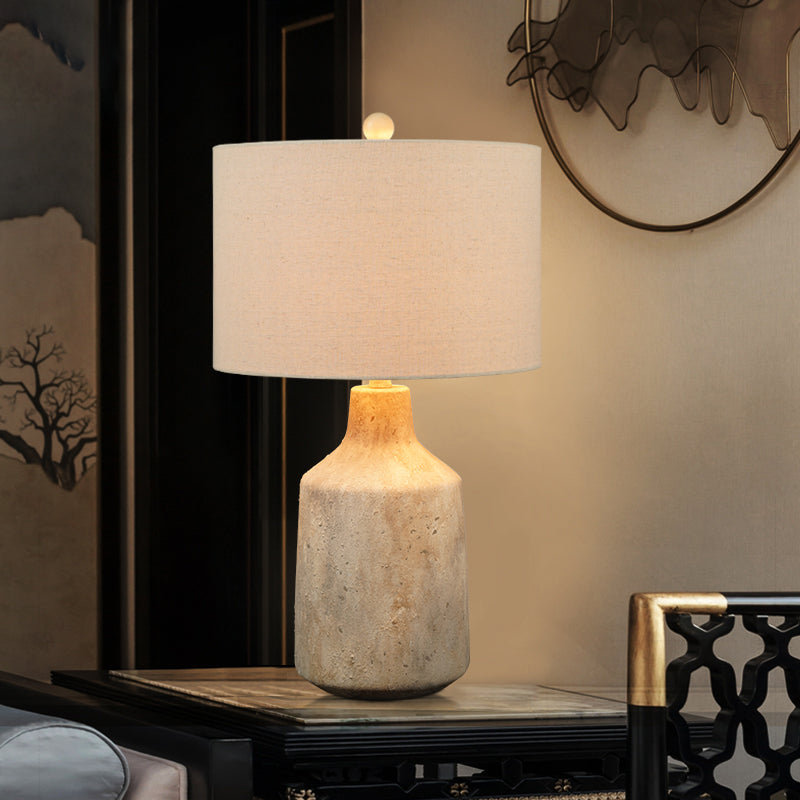 Modern Cement Nightstand Light - 1-Light Bedside Table Lamp With White Fabric Lampshade