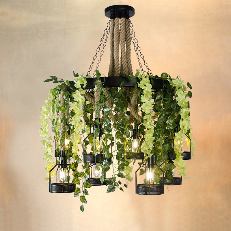 Vintage Hemp Rope Flower Chandelier with Metal Cage and 8 Heads