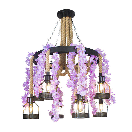 Vintage Hemp Rope Chandelier With 8 Flower Heads In Purple/Green - Perfect For Restaurant Down