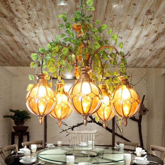 Antique Amber Glass Brass Chandelier - 5/9 Lights Elegant Dining Room Lighting 5 /