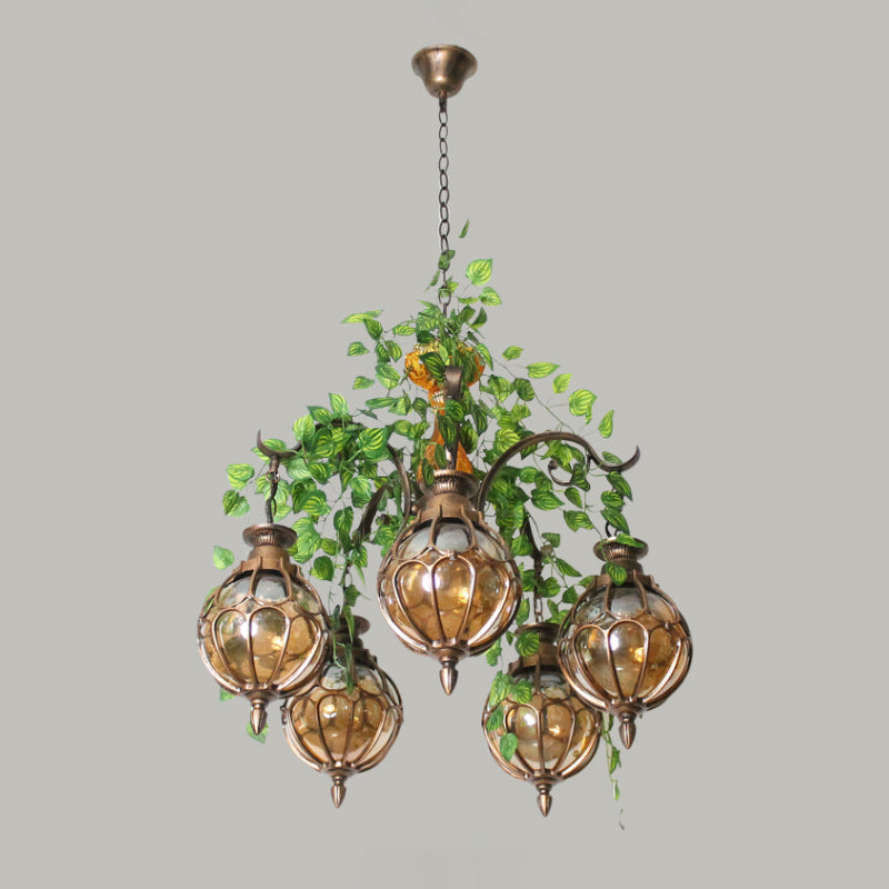 Antique Amber Glass Brass Chandelier - 5/9 Lights Elegant Dining Room Lighting