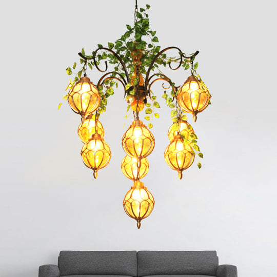 Antique Amber Glass Chandelier with Brass Finish - Perfect for Dining Room Lighting (5/9 Lights)