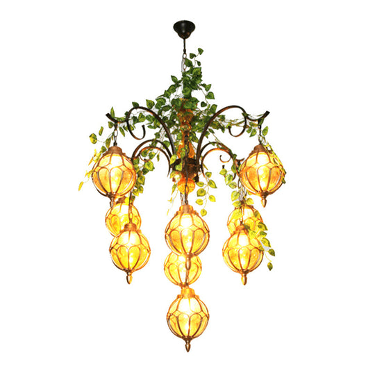 Antique Amber Glass Chandelier with Brass Finish - Perfect for Dining Room Lighting (5/9 Lights)