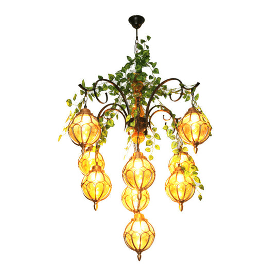 Antique Amber Glass Brass Chandelier - 5/9 Lights Elegant Dining Room Lighting