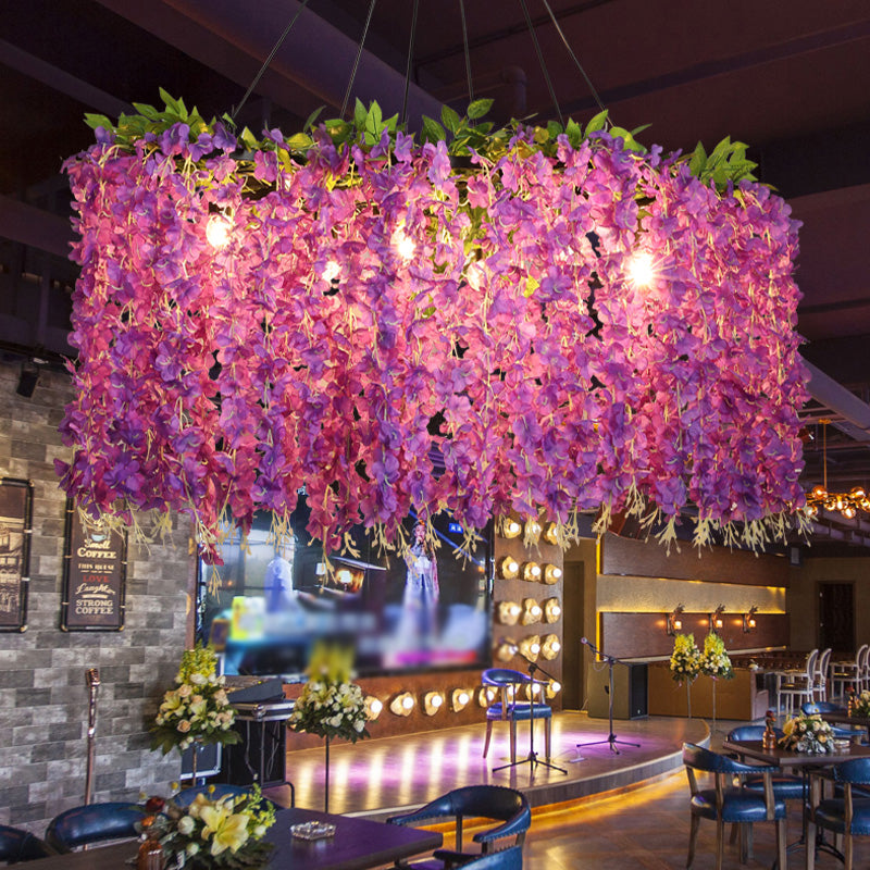 Retro Floral Metal Island Light Fixture 6-Bulb Pendant In Purple For Restaurants