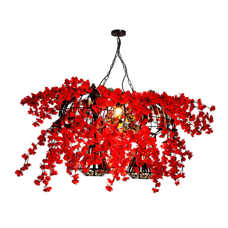 Red Metal Island Ceiling Light With Diamond Cage - 3-Head Industrial Suspension Lamp