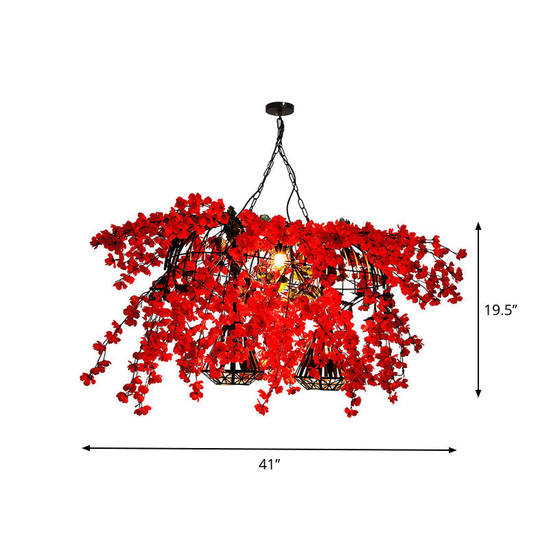 Red Metal Island Ceiling Light With Diamond Cage - 3-Head Industrial Suspension Lamp