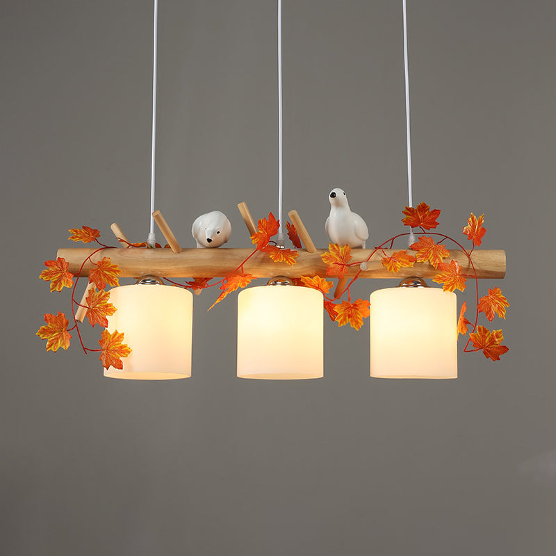 Ivory Glass Wood Island Pendant - Industrial Style With Maple/Green Leaf And Bird Décor 2/3 Bulbs