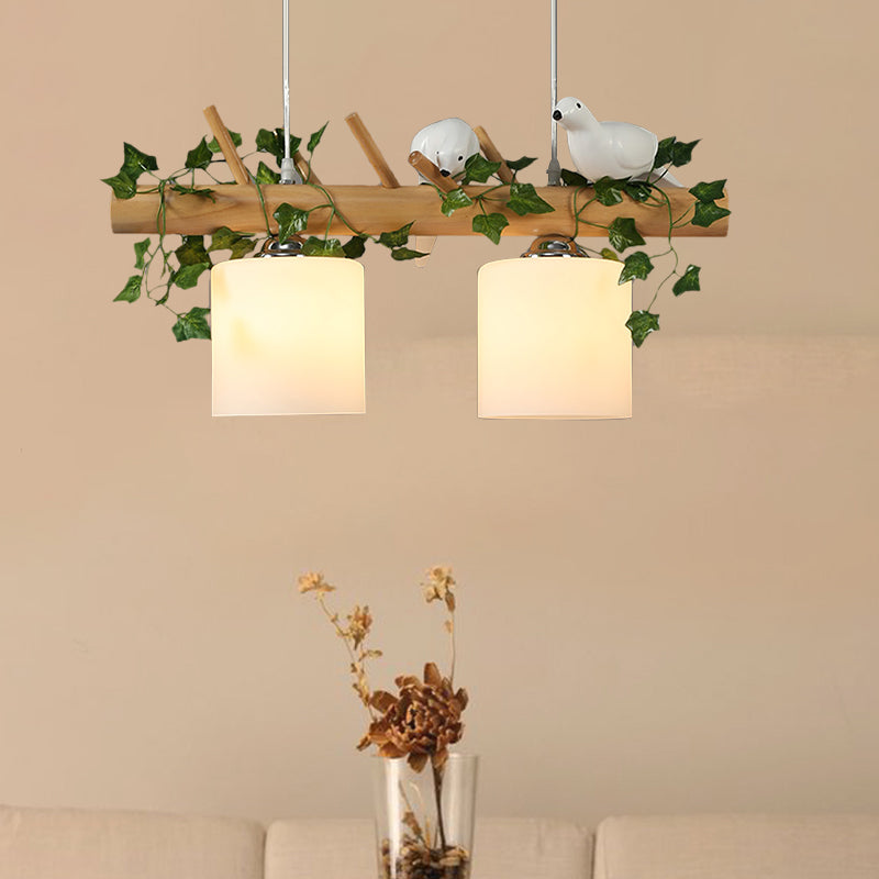 Ivory Glass Wood Island Pendant - Industrial Style With Maple/Green Leaf And Bird Décor 2/3 Bulbs 2