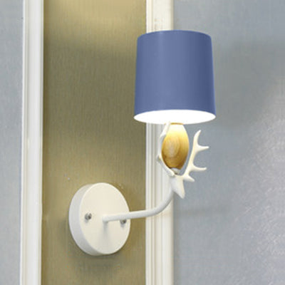 Deer Head Wall Light With Metal Cylinder Shade - Cute Single Sconce For Kids Bedroom Blue