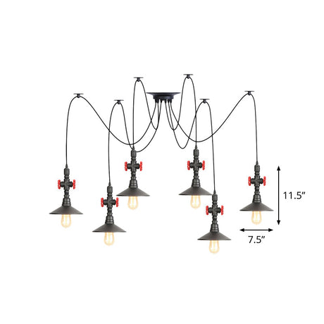 Iron Black Multi-Light Chandelier Saucer Vintage Style Ceiling Pendant Lamp With Valve Decor - 2/3/6