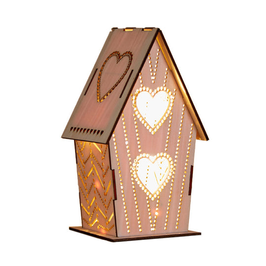 Kids Wooden Usb Led Table Night Light With Loving Heart/Star/Flower Pattern - Brown Lodge Small Size
