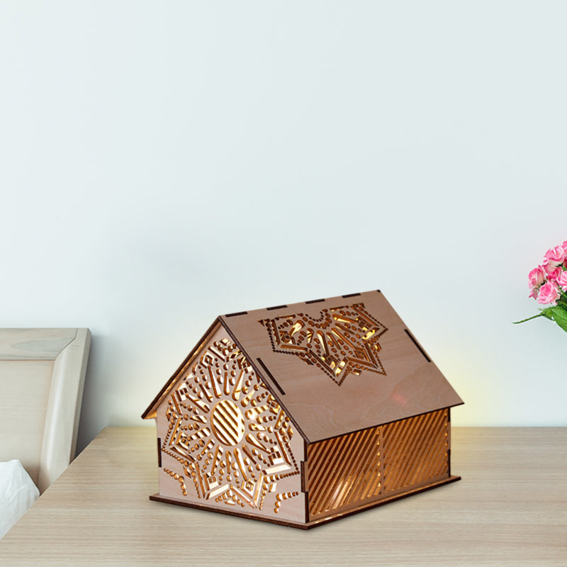 Kids Cottage Mini Night Lamp - Wooden Led Nightstand Light In Brown With Sculpted Flower/Star/Loving