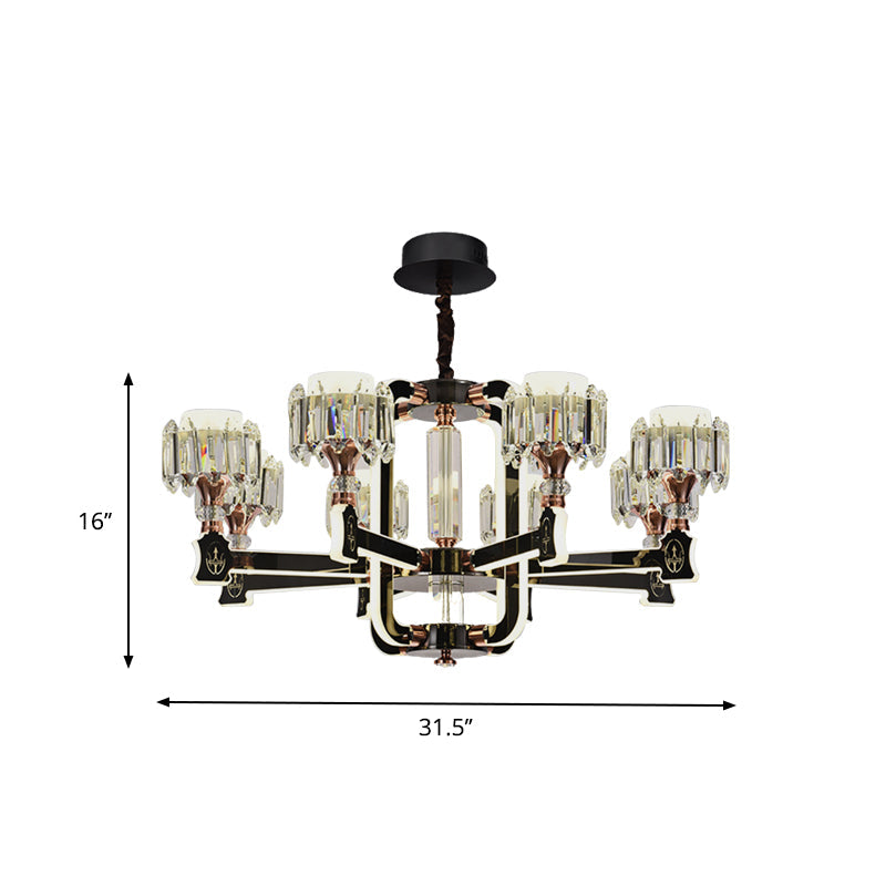Modern Black Led Chandelier With Crystal Block Cylinder And 6/8 Bulbs