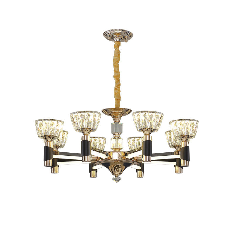 Black And Gold Rectangle Crystal Led Chandelier With 6/8 Bowl-Shaped Suspension Lights