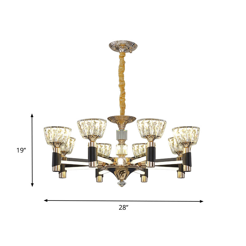 Black And Gold Rectangle Crystal Led Chandelier With 6/8 Bowl-Shaped Suspension Lights
