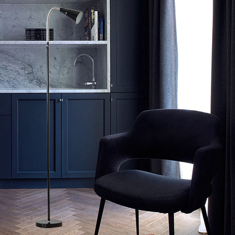 Modernist Black Gooseneck Floor Lamp For Living Room Metallic Single Head Standing Light