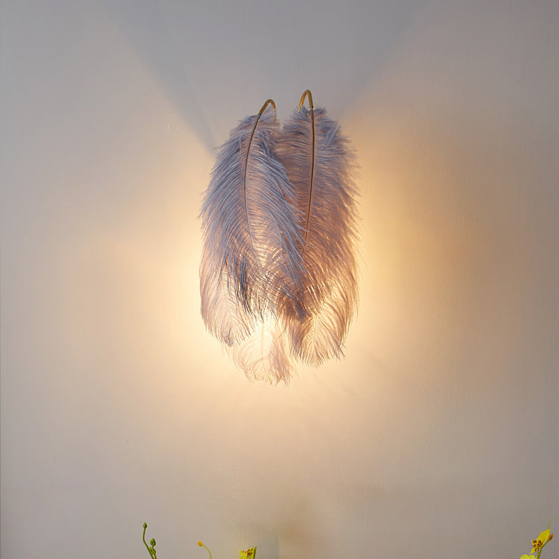 Modern Furry Goose Feather Wall Lamp - Sleek Single-Bulb Sconce Light For Living Room (Grey/White)