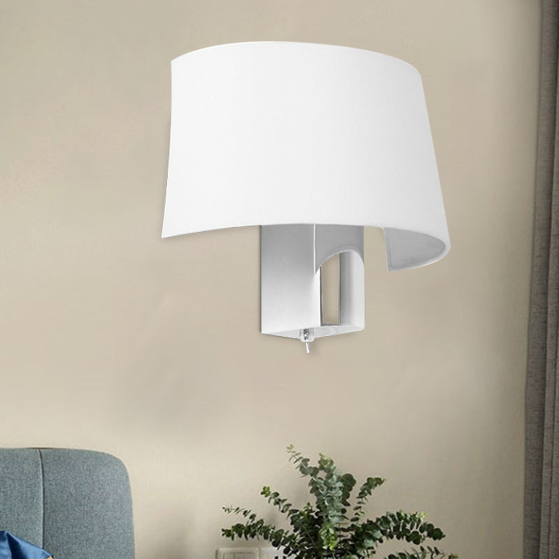 White Fabric Modern Sconce Lamp - Minimalist Bedroom Wall Lighting Idea With Chrome Socket