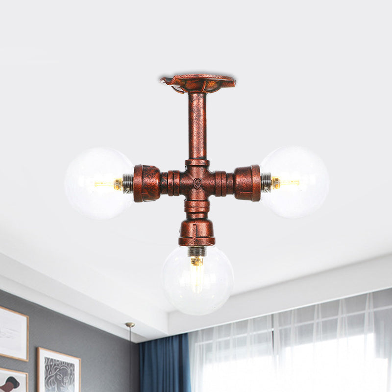 Rustic Copper Semi-Flush Ceiling Light With Clear Glass - 3/4-Light Flush Mount Fixture / A