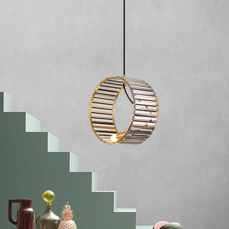 Stylish Crystal Pendant Ceiling Lamp For Dining Room - Modern Ribbed Design 1-Light Brass Hanging