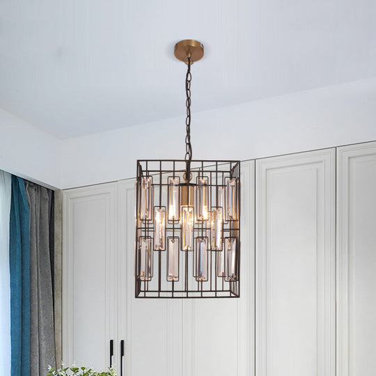 Industrial Brass Iron Pendant Lamp with Crystals - Wire Cage Design - Ceiling Light
