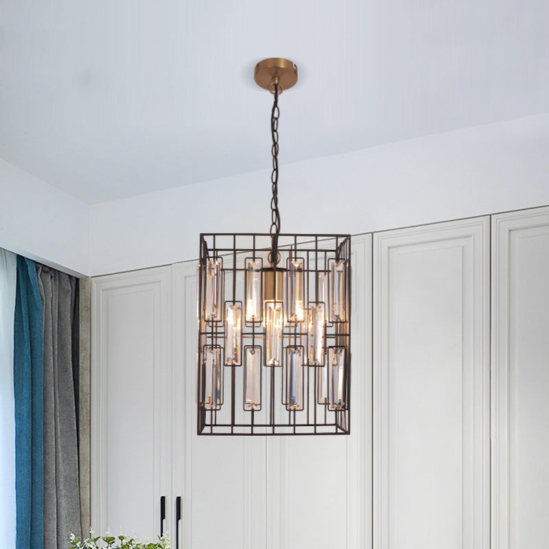 Industrial Brass Iron Wire Cage Pendant Lamp With Crystals - Hanging Ceiling Light