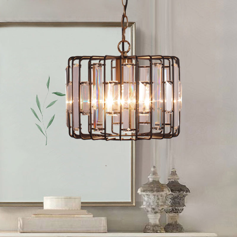 Brass Hanging Light Drum Cage - Crystal Embedded 11/13 Wide 1-Light Rustic Ceiling Pendant For