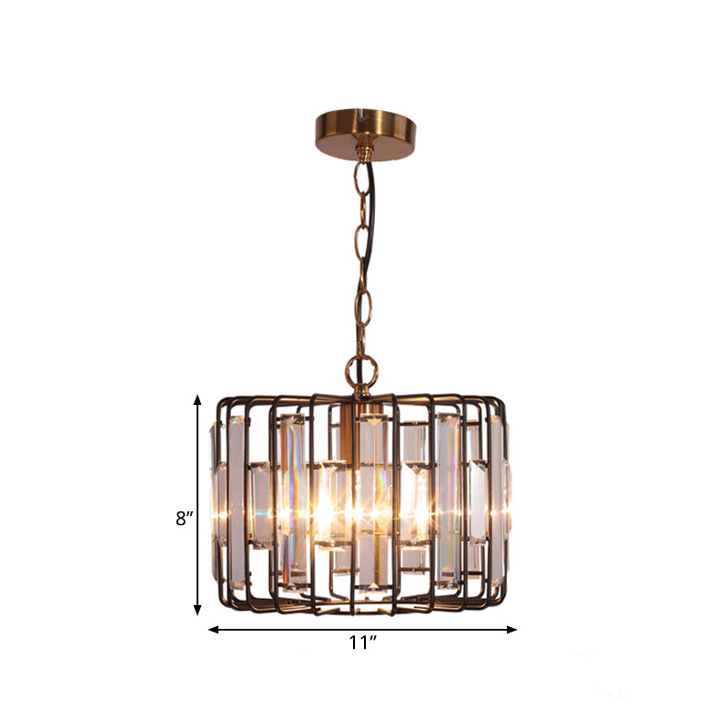 Brass Hanging Light Drum Cage with Crystal Accents - 11"/13" Wide 1-Light Rustic Ceiling Pendant for Living Room