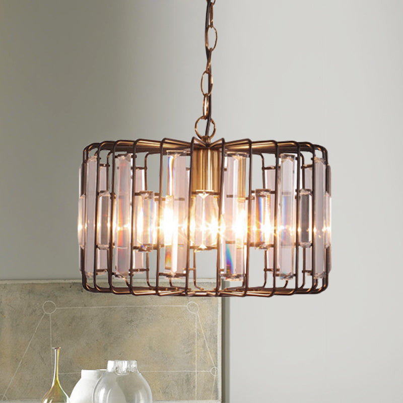Brass Hanging Light Drum Cage with Crystal Accents - 11"/13" Wide 1-Light Rustic Ceiling Pendant for Living Room