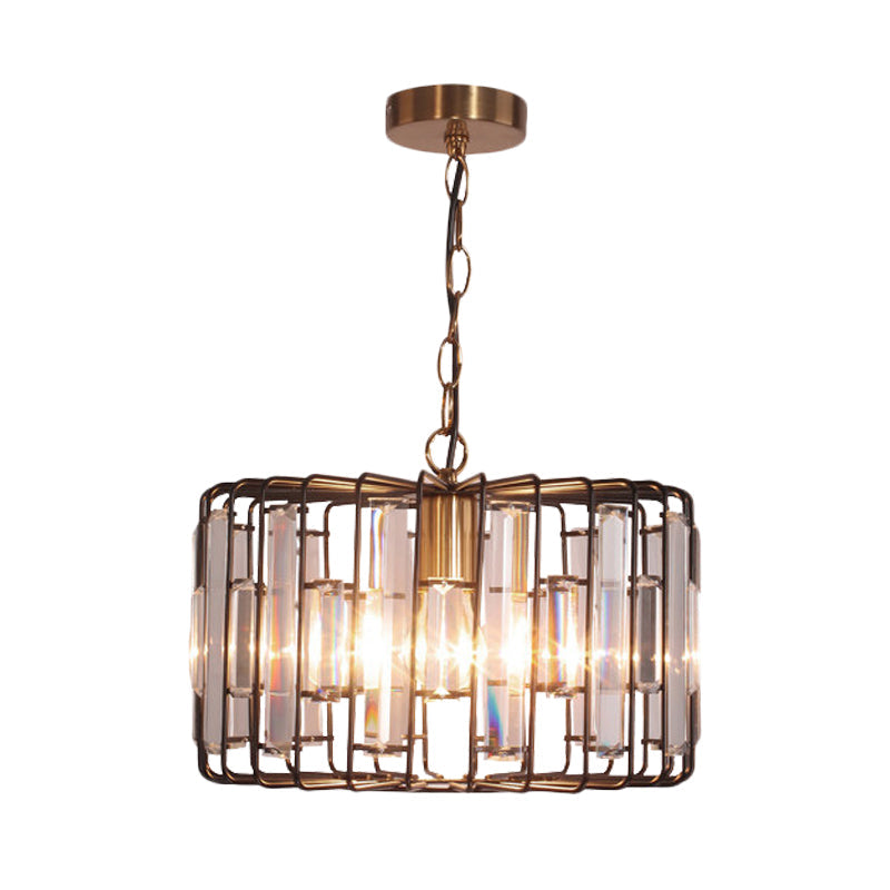 Brass Hanging Light Drum Cage - Crystal Embedded 11/13 Wide 1-Light Rustic Ceiling Pendant For
