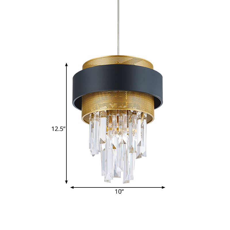 Retro Layered Hanging Lamp with Crystal Rod - 1 Bulb Suspension Lighting with Circle Guard in Black & Gold