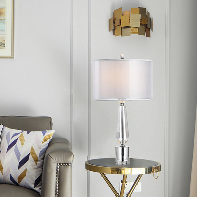 Grey Nightstand Lamp: Fabric Drum Shade Single Classic Table Light With Crystal Pedestal