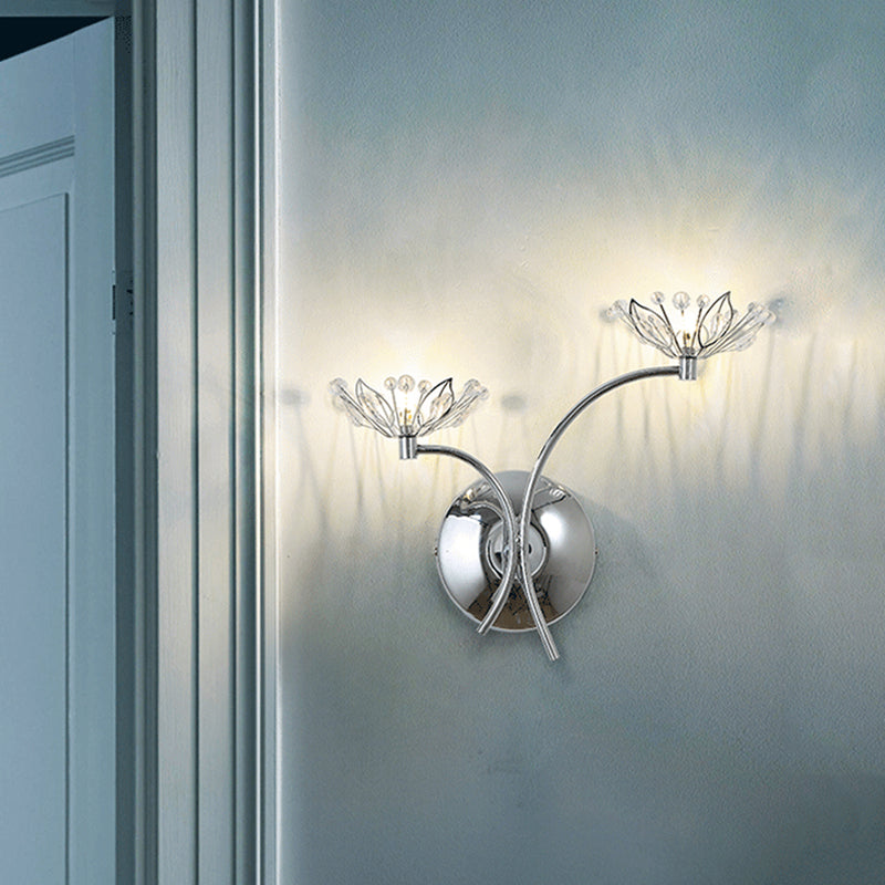 Modern Chrome Flower Wall Lamp With Crystal Stamen - Bedside Sconce