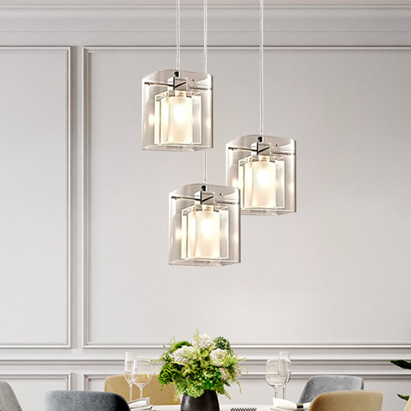 Sleek Crystal 3-Bulb Cuboidal Dining Hall Pendant Chrome Ceiling Light