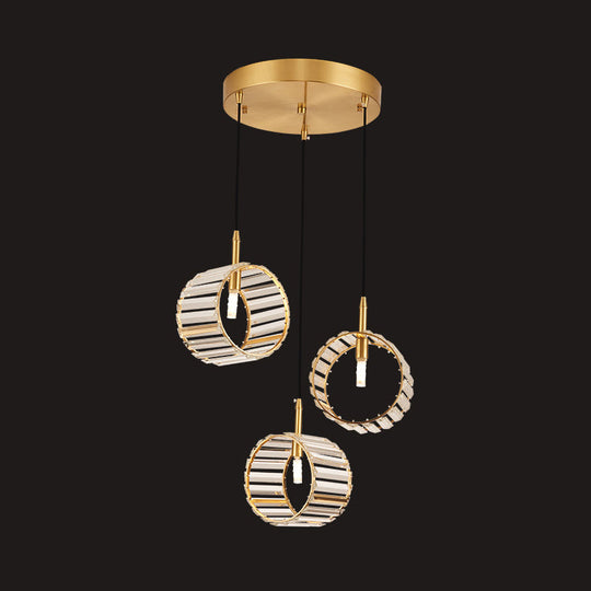 Minimalist Brass Crystal 3-Light Pendant For Clear Elegant Ceiling