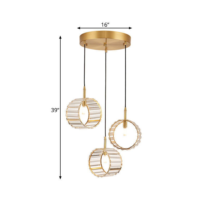 Brass Crystal Cluster Pendant Light - Minimalist Design, Ribbed Clear Glass, 3 Lights